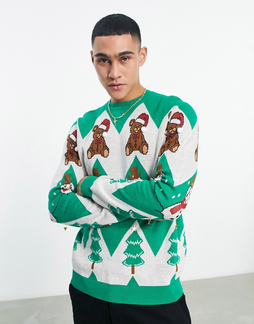 ASOS DESIGN fluffy knit Chrismas sweater with teddy & snowman design-Multi