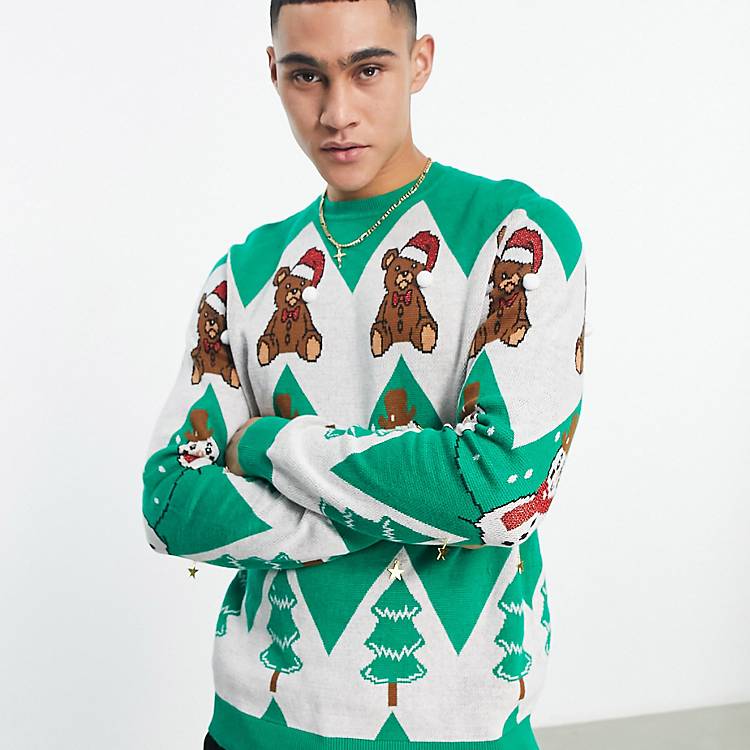 ASOS Design Knit Christmas Sweater with Robin & Dinosaur design-Multi
