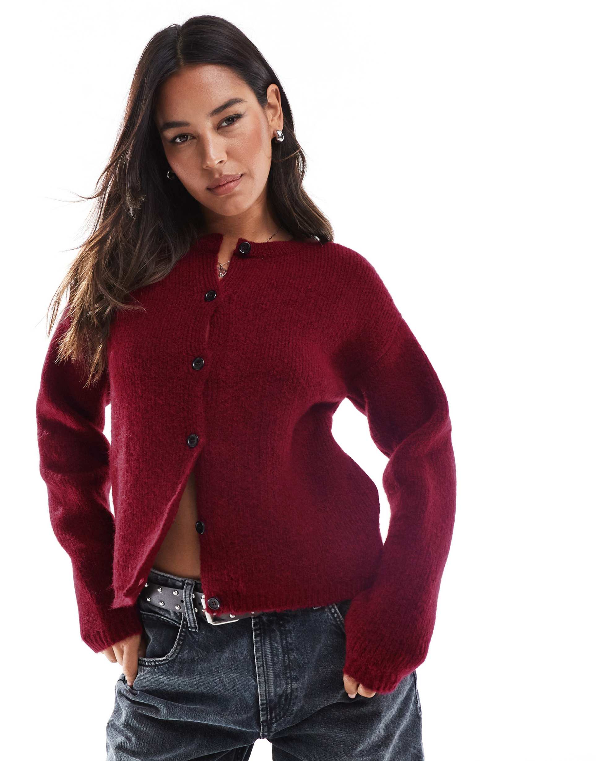 asos design fluffy knit crew neck cardigan in burgundy