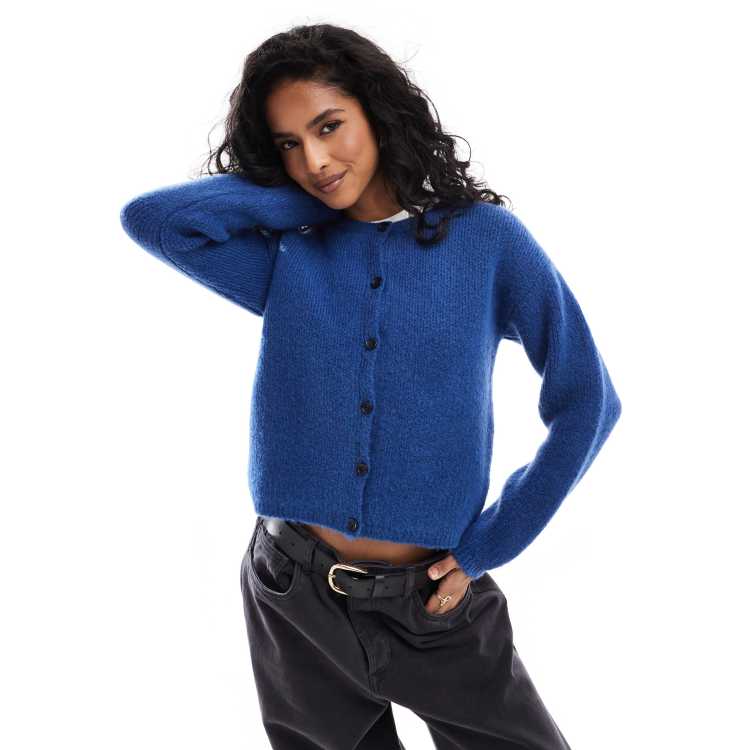 ASOS DESIGN fluffy knit crew neck cardigan in cobalt blue | ASOS
