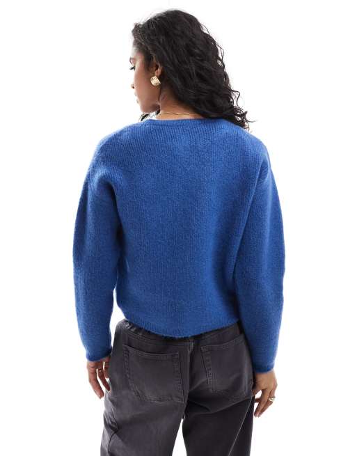 ASOS DESIGN fluffy knit crew neck cardigan in cobalt blue | ASOS