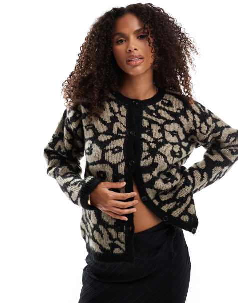 ASOS DESIGN fluffy knit crew neck cardigan in leopard - view 1