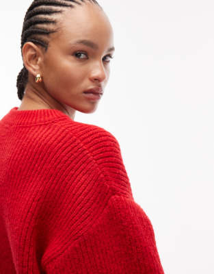 Asos Design Fluffy Knit Crew Sweater In Red