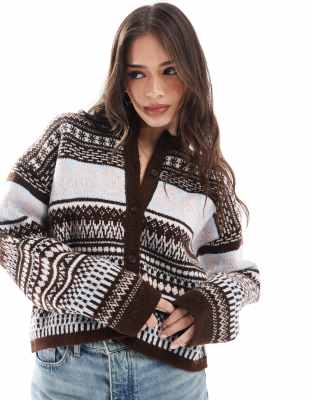 fluffy knit Fair Isle cardigan in brown-Multi