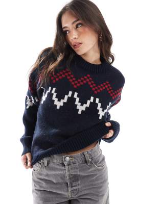 Asos Design Fluffy Knit Fair Isle Sweater In Navy