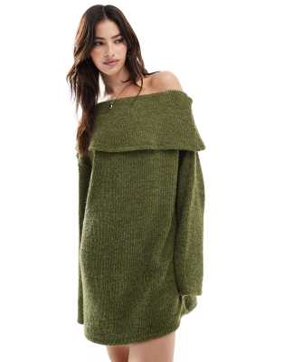 fluffy knit fallen shoulder mini dress in olive-Green