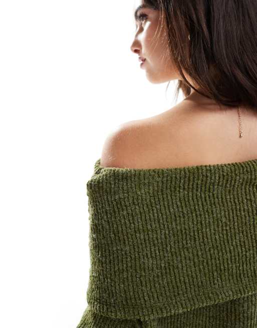 ASOS DESIGN fluffy knit fallen shoulder mini dress in olive