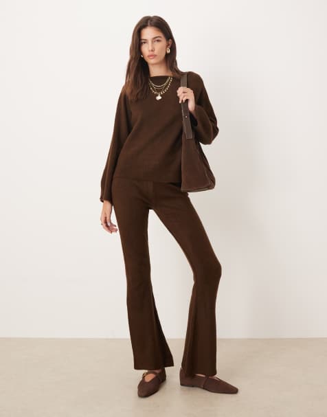 ASOS DESIGN fluffy knit flared pants in chocolate - part of a set - view 1