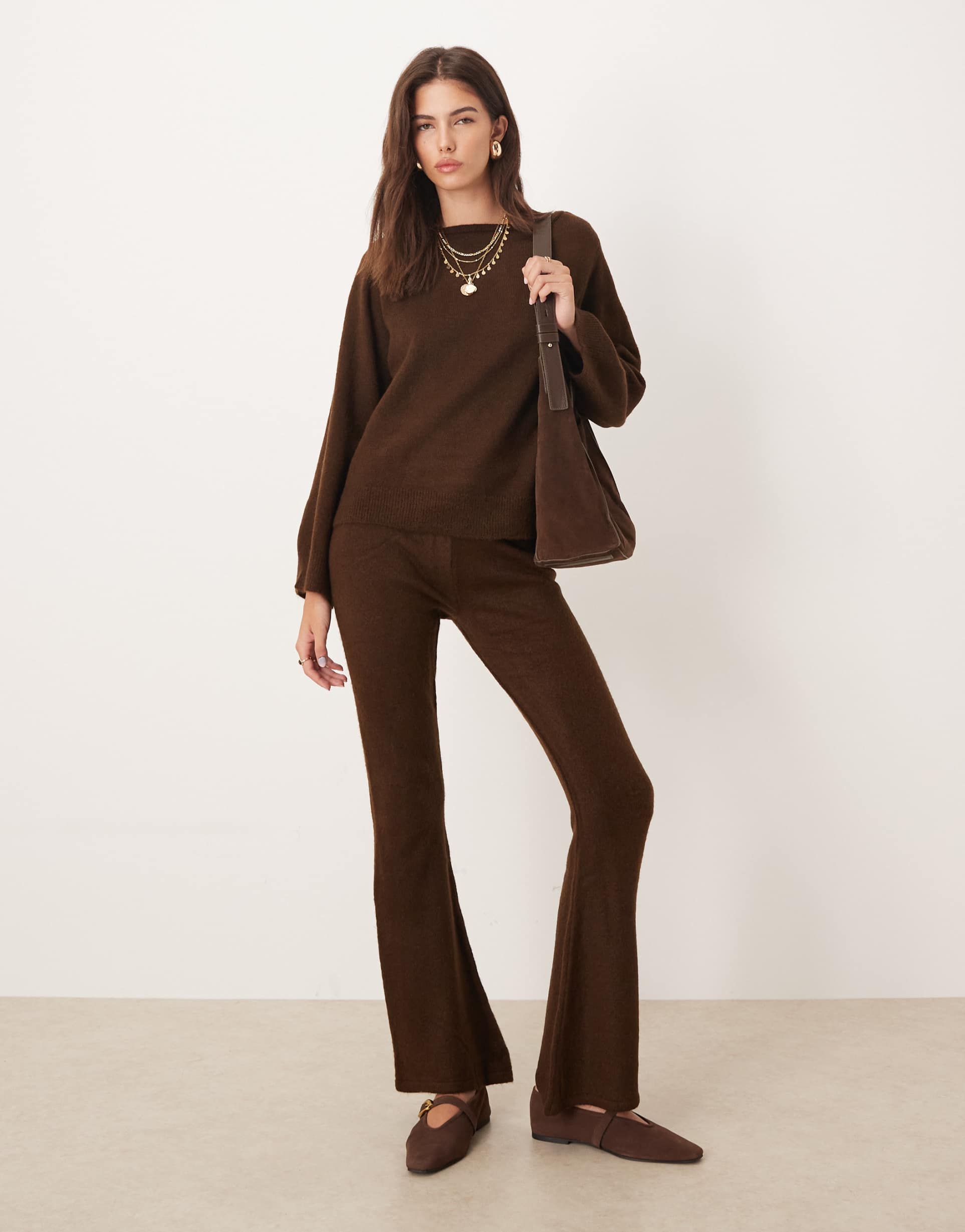asos design fluffy knit flared pants in chocolate - part of a set