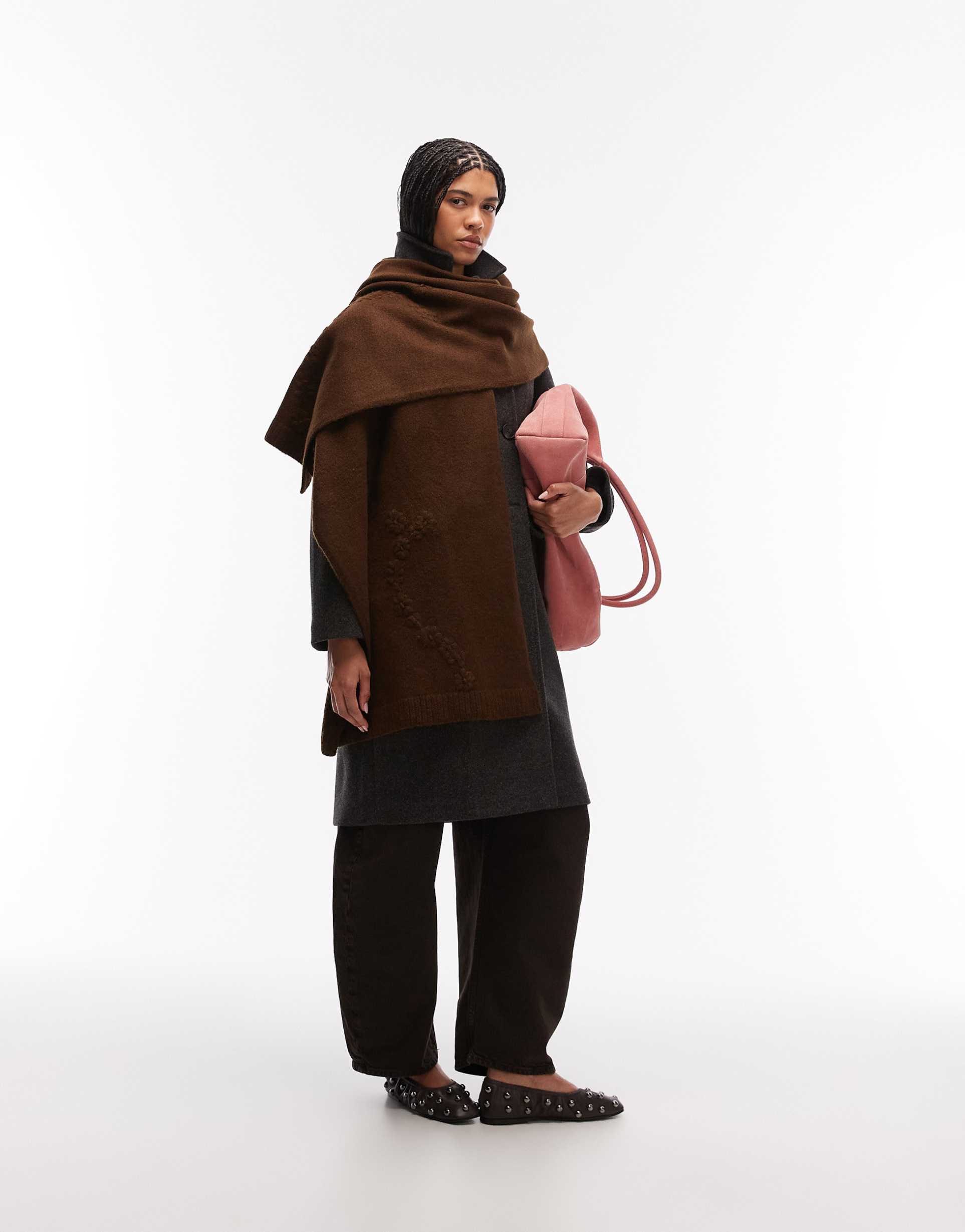 asos design fluffy knit hand embroidered scarf in brown