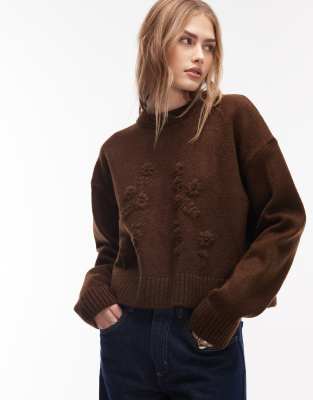 Asos Design Fluffy Knit Hand Embroidered Sweater In Brown