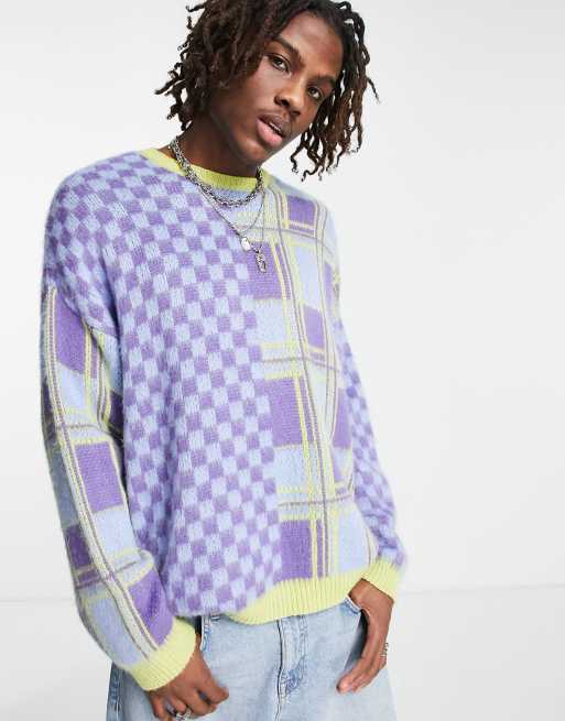 ASOS DESIGN fluffy knit jumper with all over check in lime green