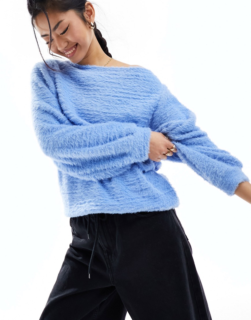 ASOS DESIGN fluffy knit off shoulder top in cornflower blue