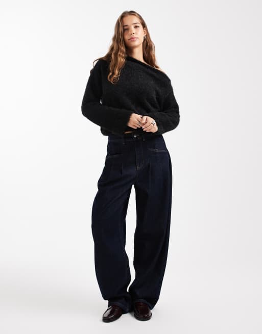 ASOS DESIGN fluffy knit one shoulder sweater with cinched waist in black