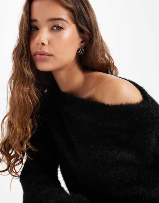 ASOS DESIGN fluffy knit one shoulder sweater with cinched waist in black