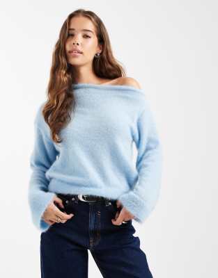 ASOS DESIGN fluffy knit one shoulder sweater with cinched waist in blue