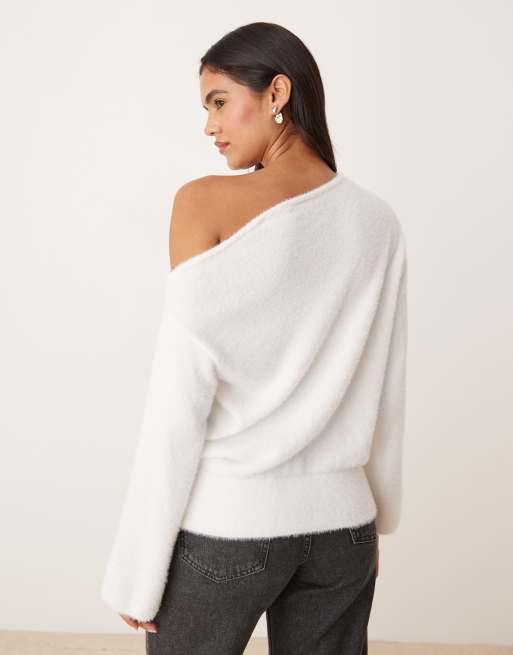 ASOS DESIGN super soft knit one shoulder sweater with cinched waist in ecru