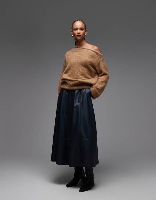 ASOS DESIGN fluffy knit one shoulder sweater with cinched waist in mocha