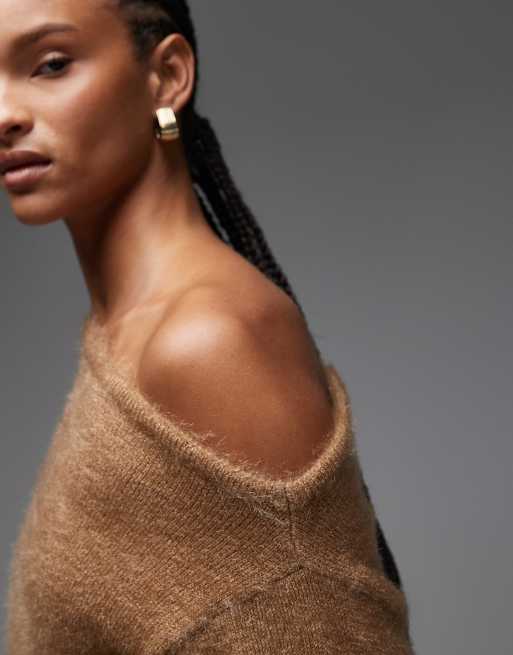 ASOS DESIGN fluffy knit one shoulder sweater with cinched waist in mocha