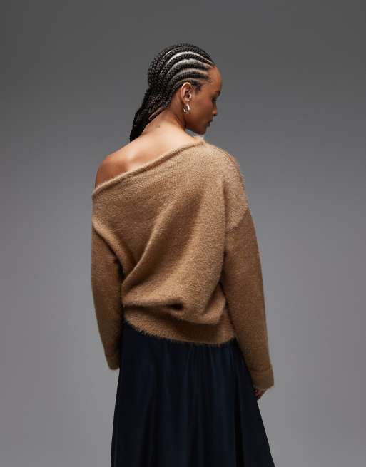 ASOS DESIGN fluffy knit one shoulder sweater with cinched waist in mocha