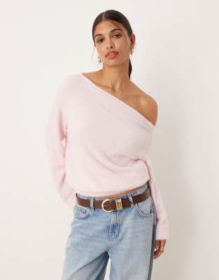 ASOS DESIGN fluffy knit one shoulder sweater with cinched waist in pink