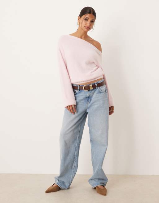 ASOS DESIGN supersoft knit one shoulder sweater with cinched waist in pink