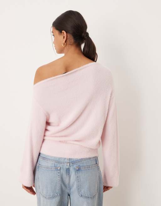 ASOS DESIGN supersoft knit one shoulder sweater with cinched waist in pink