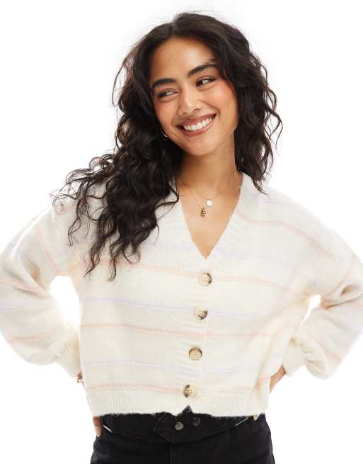 ASOS DESIGN fluffy knit oversized cardigan in ecru stripe