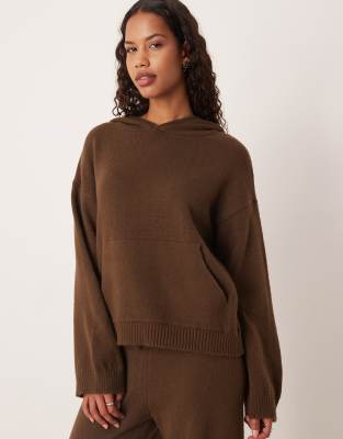 Asos Design Fluffy Knit Oversized Hoodie In Brown