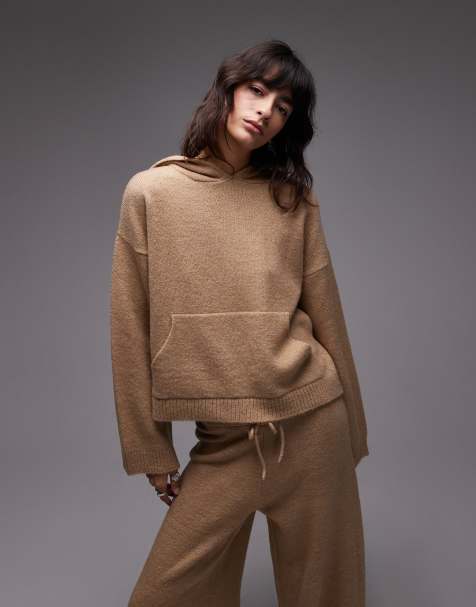 ASOS DESIGN fluffy knit oversized hoodie in mocha - part of a set - view 1
