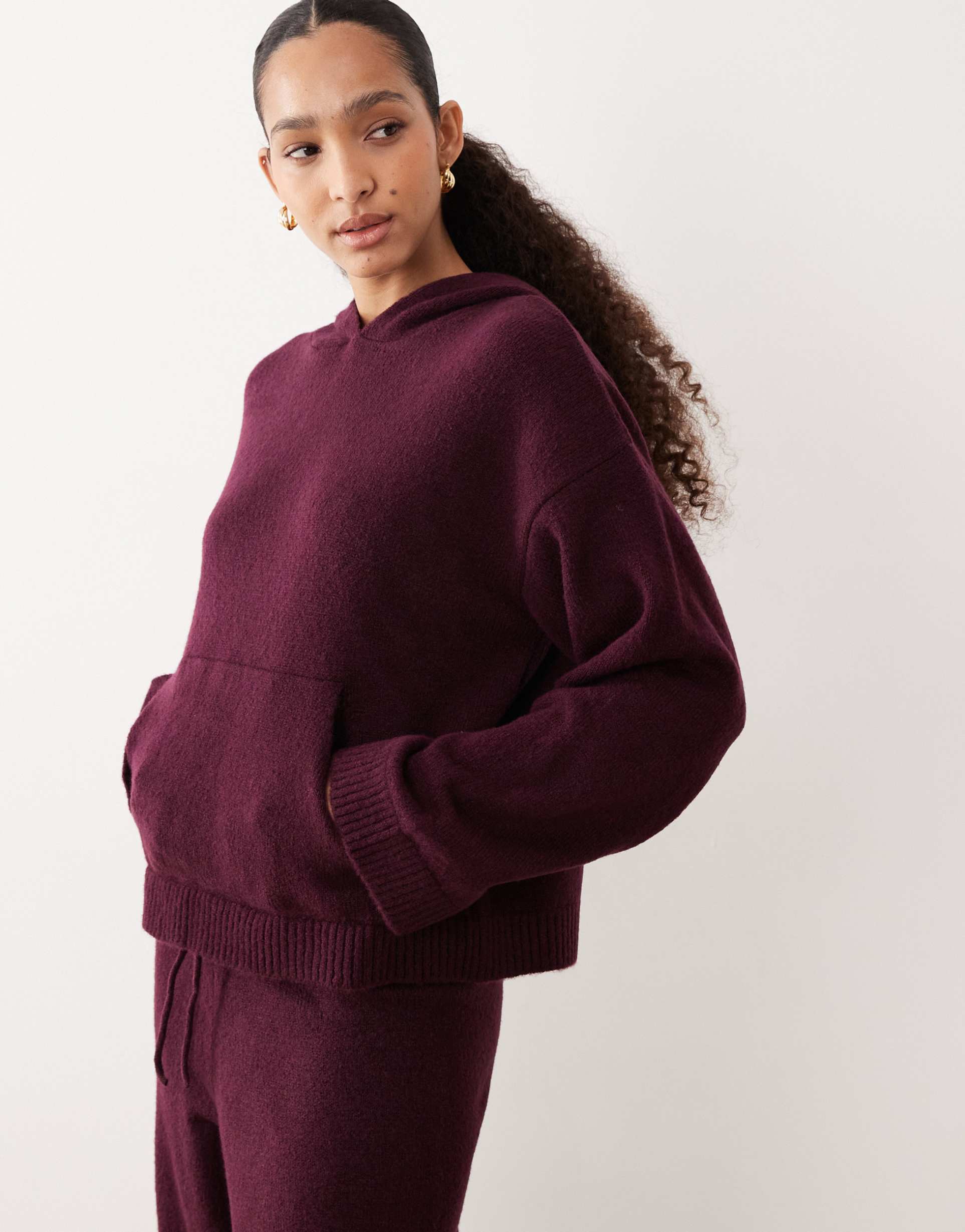 asos design fluffy knit oversized hoodie in plum - part of a set