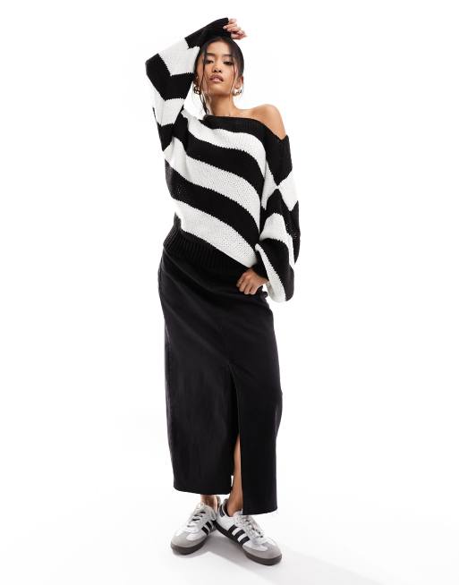 ASOS DESIGN fluffy knit oversized jumper in black and white stripe