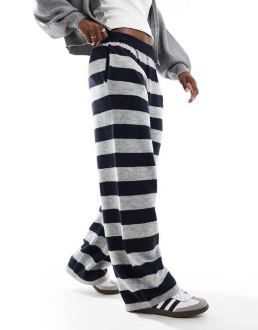 ASOS DESIGN fluffy knitted pants in blue and grey stripe (part of a set)
