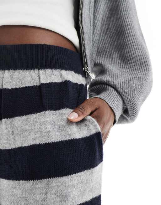 ASOS DESIGN fluffy knitted pants in blue and grey stripe (part of a set)
