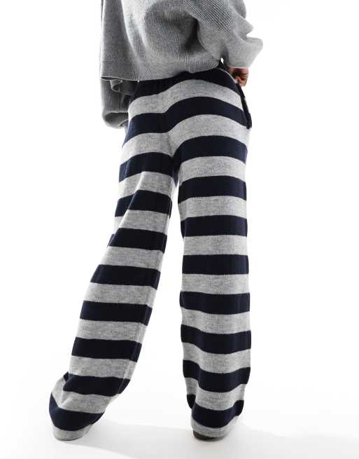 ASOS DESIGN fluffy knitted pants in blue and grey stripe (part of a set)