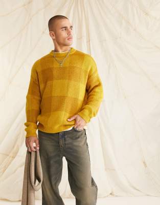 ASOS DESIGN FLUFFY KNIT CHECK SWEATER IN MUSTARD-NEUTRAL