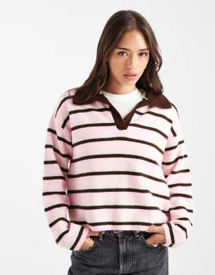 Asos Design Fluffy Knit Polo Top In Pink
