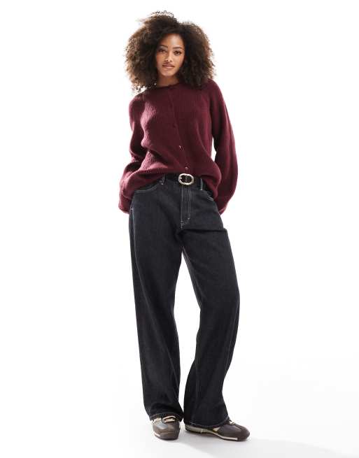 ASOS DESIGN fluffy knit raglan cardigan in burgundy