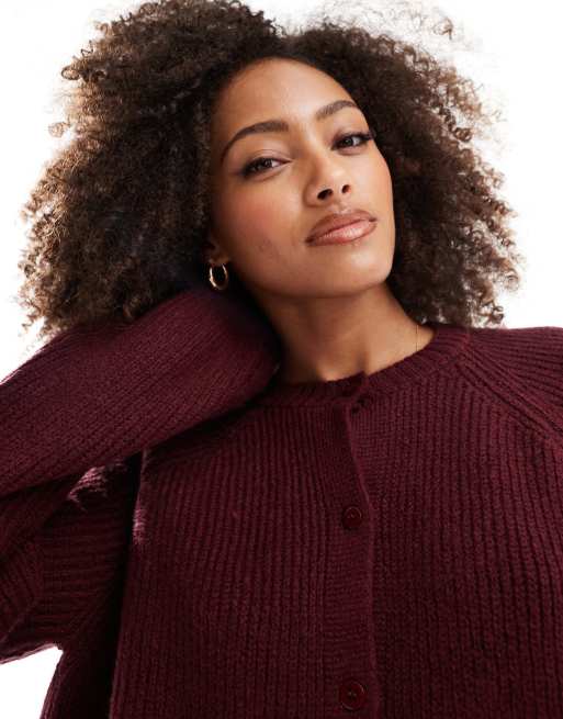 ASOS DESIGN fluffy knit raglan cardigan in burgundy