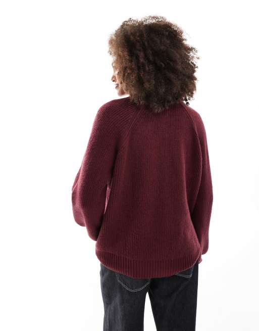 ASOS DESIGN fluffy knit raglan cardigan in burgundy