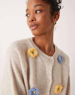 Asos Design Fluffy Knit Raglan Cardigan With Handmade Flowers In Ecru-white