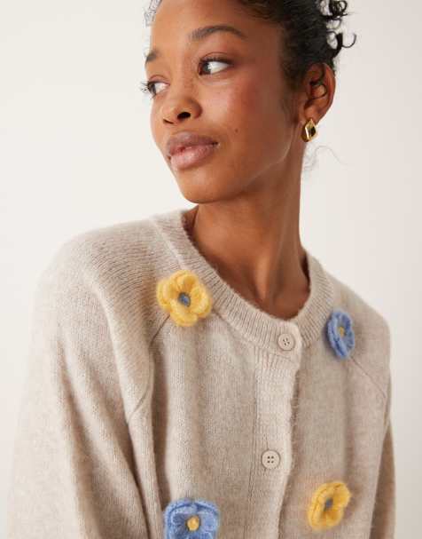 ASOS DESIGN fluffy knit raglan cardigan with handmade flowers in ecru - view 1
