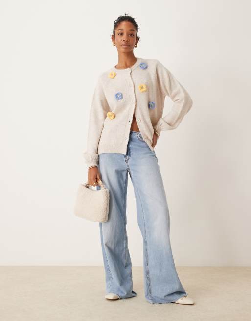 ASOS DESIGN fluffy knit raglan cardigan with handmade flowers in ecru, 2 of 4
