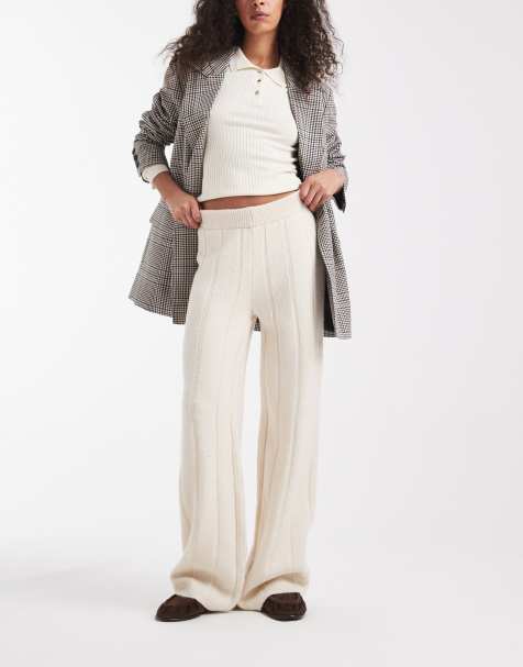 ASOS DESIGN fluffy knit ribbed pants in ecru - part of a set - view 1