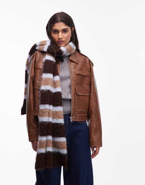 ASOS DESIGN fluffy knit scarf with wool in brown stripe