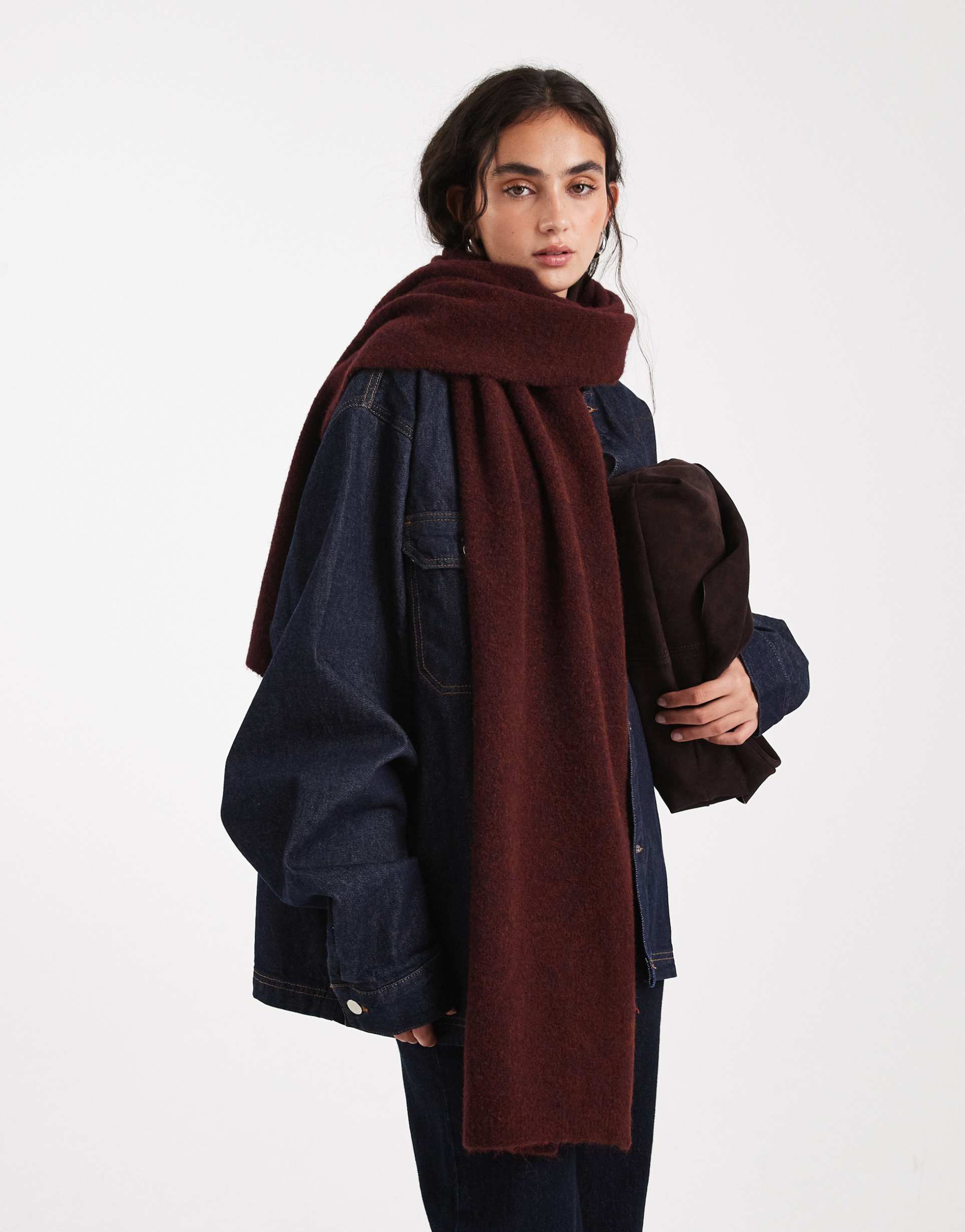 asos design fluffy knit scarf with wool in plum