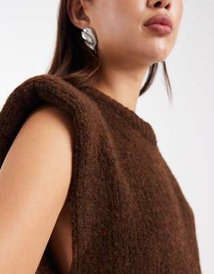 Asos Design Fluffy Knit Shoulder Pad Tank Top In Brown