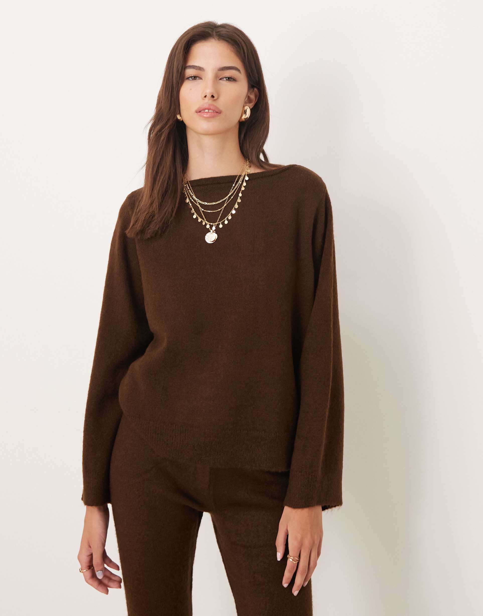 asos design fluffy knit sweater in brown - part of a set