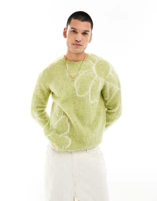 Asos Design Fluffy Knit Sweater In Green Floral Pattern