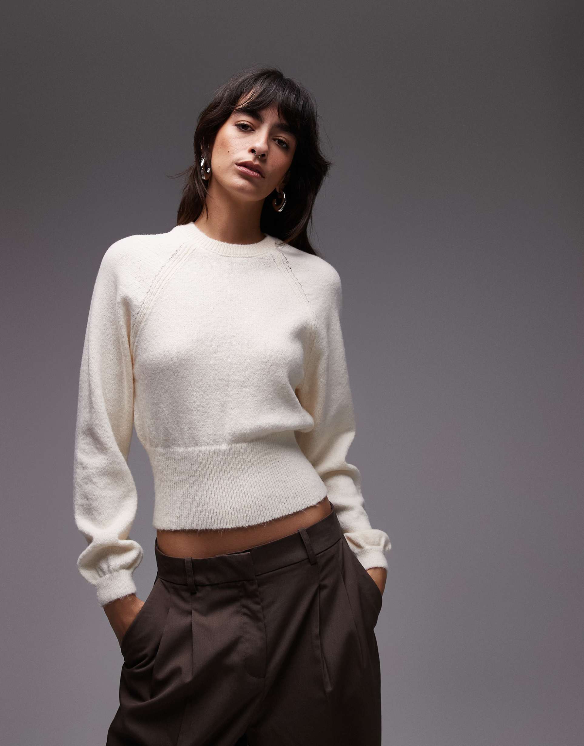 asos design fluffy knit sweater with cinched waist in ecru